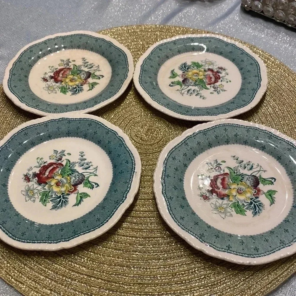 SET of 4 PLYMOUTH GREEN PLATEs VINTAGE FLORAL WITH HAND PAINTED by RIDGW…